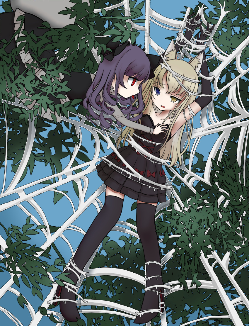 2girls absurdres animal_ears arachne_(mahou_shoujo_luna_no_sainan) arms_up arthropod_girl bare_shoulders black_dress black_footwear blonde_hair blue_eyes boots bow breast_grab cat_ears cat_girl commission corset dress drill_hair elbow_gloves gloves grabbing grey_shirt hair_bow heterochromia high_heel_boots high_heels highres leaf long_sleeves mahou_shoujo_luna_no_sainan multiple_girls namaste_koboo purple_hair red_eyes restrained shirt silk skeb_commission spider_girl spider_web thigh_boots tongue tongue_out yellow_eyes yuri