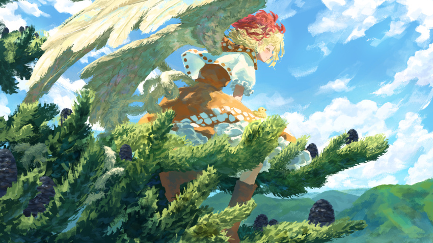 1girl absurdres animal bird bird_on_leg bird_tail bird_wings blonde_hair blue_sky blush boots brown_footwear capelet chick closed_mouth cloud cloudy_sky commentary_request day dress feathered_wings frilled_dress frills from_side highres kajatony knee_boots landscape mountainous_horizon multicolored_hair niwatari_kutaka orange_dress outdoors pine_tree pinecone profile red_hair scenery short_hair short_sleeves sitting_on_branch sky smile solo tail touhou tree two-tone_hair white_capelet wings