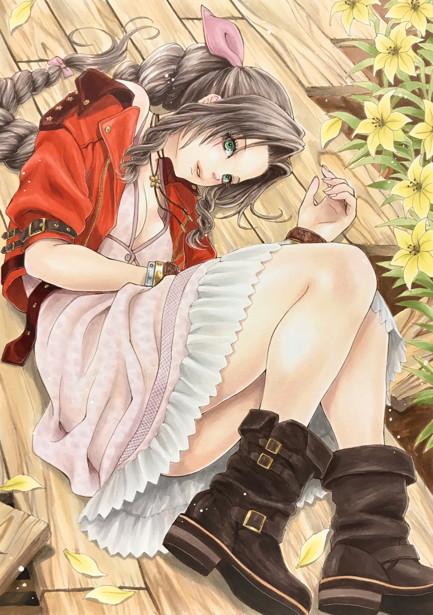1girl aerith_gainsborough bangle bangs boots bracelet braid braided_ponytail breasts brown_footwear brown_hair choker church cleavage cropped_jacket dress final_fantasy final_fantasy_vii final_fantasy_vii_remake flower flower_bed flower_choker full_body green_eyes hair_ribbon highres jacket jacket_partially_removed jewelry jiimusume lily_(flower) long_dress long_hair looking_at_viewer lying medium_breasts on_side parted_bangs parted_lips pink_dress pink_ribbon red_jacket ribbon short_sleeves sidelocks single_bare_shoulder solo thighs traditional_media wavy_hair wooden_floor yellow_flower