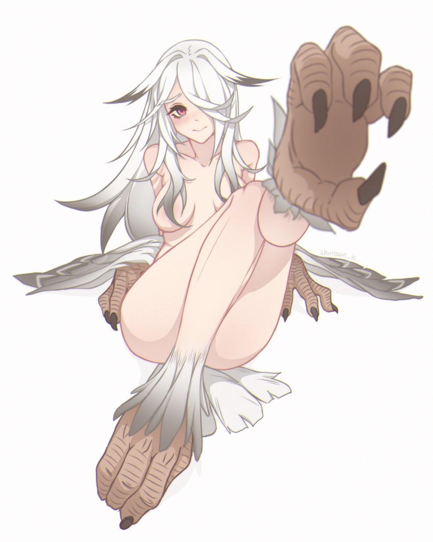 1girl animal_feet animal_hands artist_name ass bangs black_hair blush breasts claws convenient_censoring convenient_leg feathers hair_censor hair_over_one_eye harpy highres long_hair medium_breasts monster_girl multicolored_hair original red_eyes shinbun_n simple_background solo streaked_hair talons very_long_hair white_background white_feathers white_hair winged_arms wings