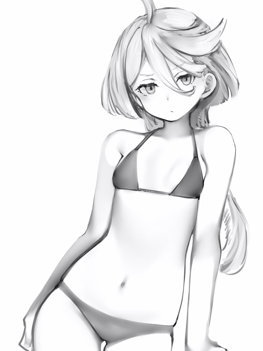 1girl absurdres ahoge bikini breasts contrapposto greyscale gundam gundam_suisei_no_majo hair_between_eyes highres long_hair miorine_rembran monochrome nanashi_(nlo) navel small_breasts solo swimsuit upper_body