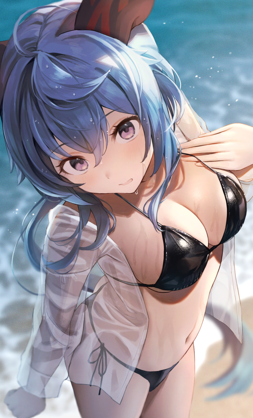 1girl ahoge alternate_costume bangs beach bikini bikini_under_clothes black_bikini blue_hair blurry blurry_background breasts cleavage cowboy_shot from_above ganyu_(genshin_impact) genshin_impact hand_up highres horns large_breasts long_hair looking_at_viewer navel ocean open_clothes open_shirt outdoors parted_lips ray_mil68 see-through see-through_shirt side-tie_bikini_bottom sidelocks solo stomach string_bikini swimsuit thighs