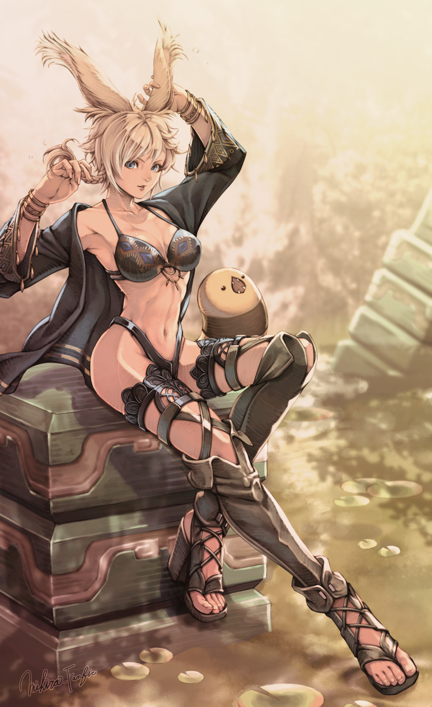 1girl absurdres animal_ears armpits arms_up avatar_(ff14) bangs bikini bikini_top_only black_bikini blonde_hair blue_eyes blurry blurry_background boots bracelet braid braided_ponytail breasts dark-skinned_female dark_skin final_fantasy final_fantasy_xiv great_serpent_of_ronka highres jacket jewelry long_hair looking_at_viewer medium_breasts mihira_(tainosugatayaki) navel open_clothes open_jacket outdoors rabbit_ears signature sitting swimsuit thigh_boots toeless_footwear viera