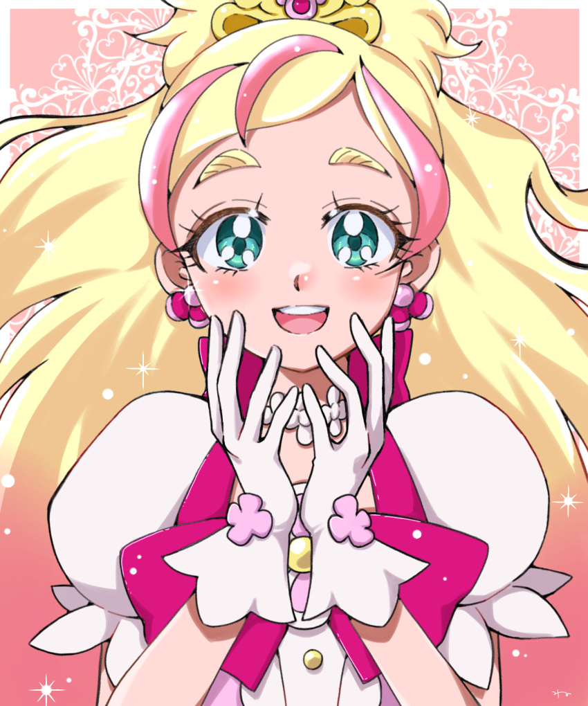 1girl aqua_eyes blonde_hair choker cure_flora earrings gloves go!_princess_precure haruno_haruka highres jewelry magical_girl multicolored_hair ofutonnnineko open_mouth pink_hair precure puffy_short_sleeves puffy_sleeves short_sleeves smile solo thick_eyebrows tiara two-tone_hair white_gloves