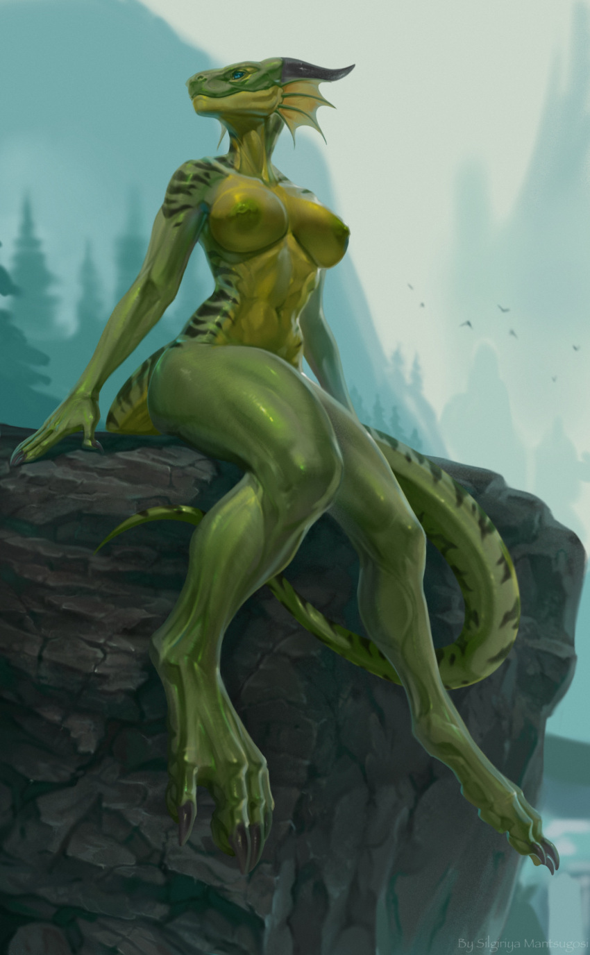 absurd_res adhara anthro big_breasts blue_eyes breasts claws clothing dragon feet female fin green_body green_scales head_fin hi_res horn midriff nature nipples non-mammal_breasts nude on_rock outside plant scales scalie shirt silgiriya_mantsugosi sitting sky solo topwear tree wingless_dragon