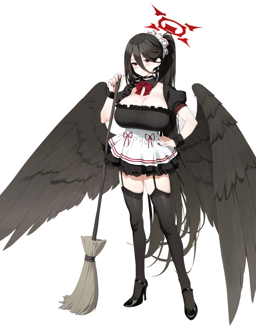 1girl absurdres apron bangs black_choker black_dress black_footwear black_hair black_thighhighs black_wings blue_archive blush breasts broom choker cleavage closed_mouth dress feathered_wings full_body garter_straps hair_ornament hair_scrunchie halo hasumi_(blue_archive) high_heels highres holding holding_broom huge_breasts long_hair looking_at_viewer low_wings mochirong mole mole_under_eye ponytail puffy_short_sleeves puffy_sleeves scrunchie short_sleeves simple_background solo standing thighhighs very_long_hair waist_apron white_apron white_background wings
