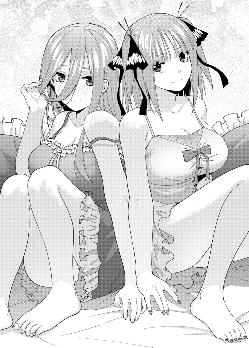 2girls bangs bare_shoulders barefoot blunt_bangs blush bow breasts camisole closed_mouth collarbone commentary_request go-toubun_no_hanayome greyscale hair_ornament hair_over_eyes hair_ribbon hand_up highres kosmos_beta large_breasts long_bangs long_hair looking_at_viewer monochrome multiple_girls nail nakano_miku nakano_nino pillow ribbon short_hair sitting sleepwear smile