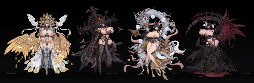4girls absurdres angel_wings armor armored_boots armored_gloves armored_shoes axe ball_gag bangs bare_shoulders black_background blindfold boots breasts demon dragon dungeon_and_fighter gag helmet highres horns huge_breasts inverted_nipples jewelry l_axe lactation large_breasts large_wings long_hair multiple_girls navel nipple_piercing nipples piercing pregnant pubic_tattoo religion restrained shibari shoulder_armor simple_background staff standing tattoo thighhighs thighs wide_hips wings