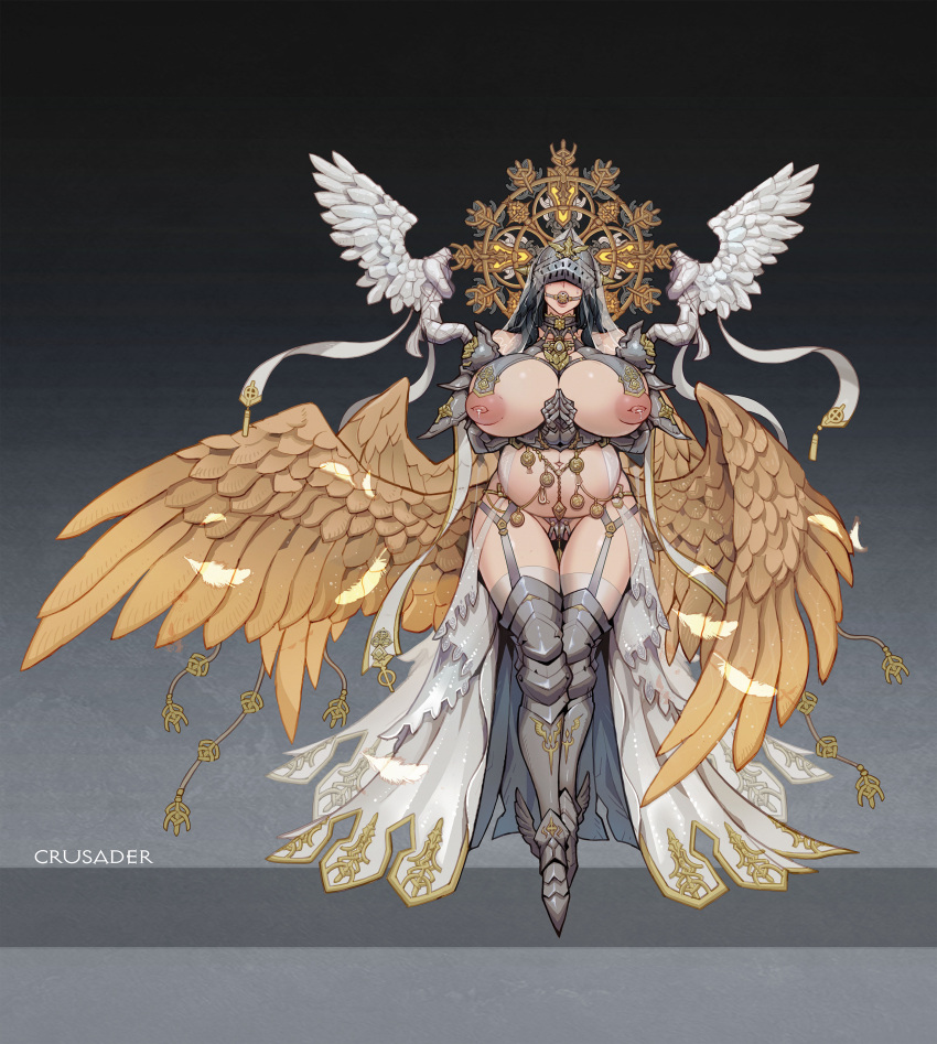 1girl absurdres angel_wings armor armored_boots armored_gloves armored_shoes ball_gag bare_shoulders blindfold boots breasts chinese_commentary dungeon_and_fighter gag highres huge_breasts inverted_nipples jewelry l_axe lactation large_breasts large_wings long_hair navel nipple_piercing nipples piercing pregnant pubic_tattoo religion simple_background solo standing tattoo thighhighs thighs wide_hips wings