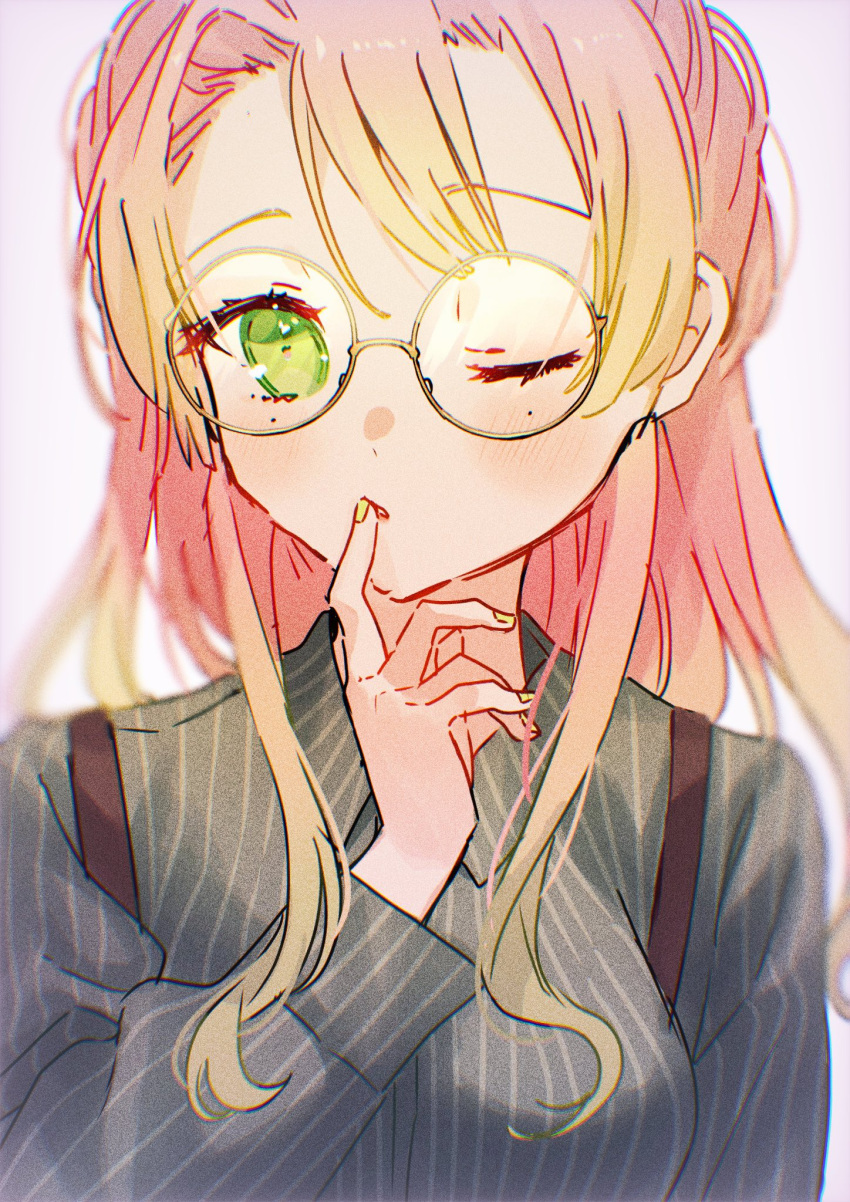 1girl alternate_costume ban_(one_ban7241) bangs bespectacled blurry breasts butterfly_hair_ornament collared_shirt commentary depth_of_field finger_to_mouth fingernails glasses gradient_hair green_eyes green_hair grey_shirt hair_ornament highres kanroji_mitsuri kimetsu_no_yaiba large_breasts long_hair long_sleeves multicolored_hair nail_polish one_eye_closed parted_lips pink_hair pinstripe_pattern pinstripe_shirt portrait round_eyewear shirt simple_background solo striped suspenders two-tone_hair upper_body white_background yellow_nails