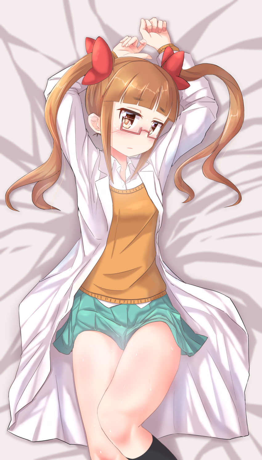 1girl arms_up bangs blush check_commentary coat collar commentary commentary_request cut_bangs from_above glasses hair_ribbon highres idolmaster idolmaster_cinderella_girls ikebukuro_akiha labcoat long_sleeves looking_at_viewer lying miniskirt on_back on_bed orange_hair ribbon skirt socks sprawled sweat sweater_vest thighs twintails white_coat yellow_eyes yuukin