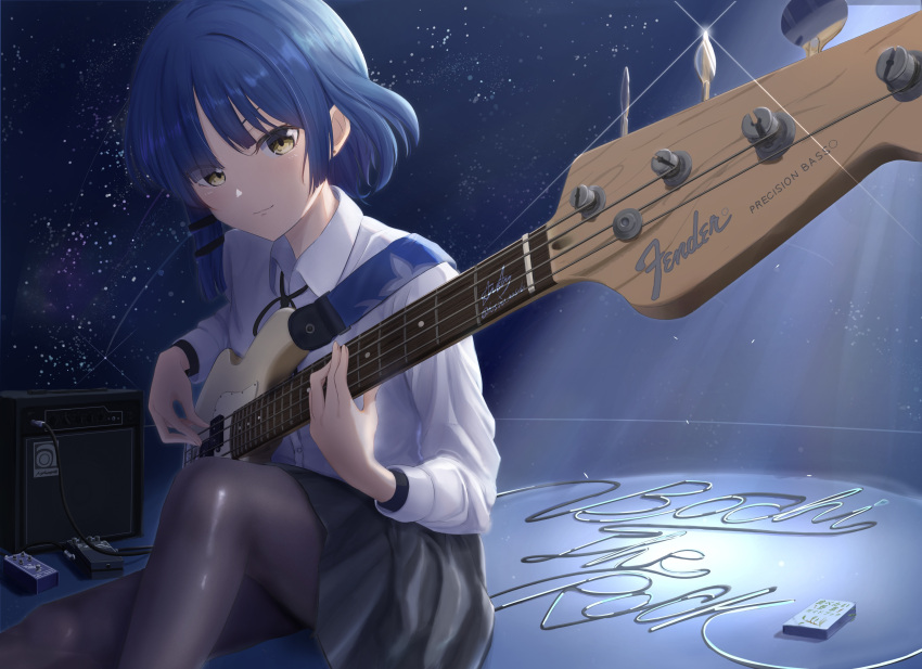 1girl absurdres bangs bass_guitar black_ribbon black_skirt blue_hair bocchi_the_rock! cable closed_mouth collared_shirt effects_pedal highres hoshino_nasubi instrument looking_at_viewer mole mole_under_eye music neck_ribbon pantyhose playing_instrument pleated_skirt ribbon school_uniform shirt shirt_tucked_in short_hair sitting skirt sky smile solo star_(sky) starry_sky white_shirt yamada_ryou yellow_eyes