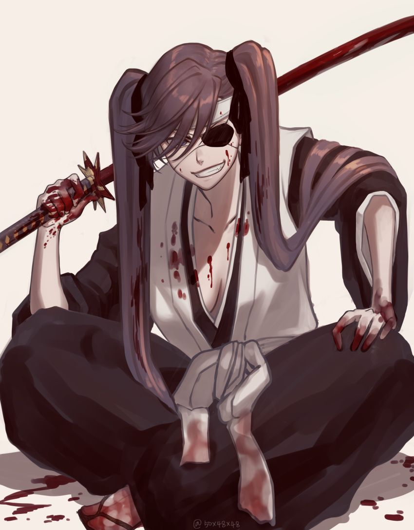 1girl 50x48x48 absurdres black_ribbon bleach bleach:_the_thousand-year_blood_war blood blood_on_clothes blood_on_face blood_on_hands blood_on_weapon eyepatch full_body hair_between_eyes haori headband highres holding holding_sword holding_weapon japanese_clothes kaori katana long_hair long_sleeves looking_at_viewer obi over_shoulder purple_eyes purple_hair ribbon saitou_furoufushi sash shinigami smile sword sword_over_shoulder teeth twintails watermark weapon weapon_over_shoulder white_background white_headband