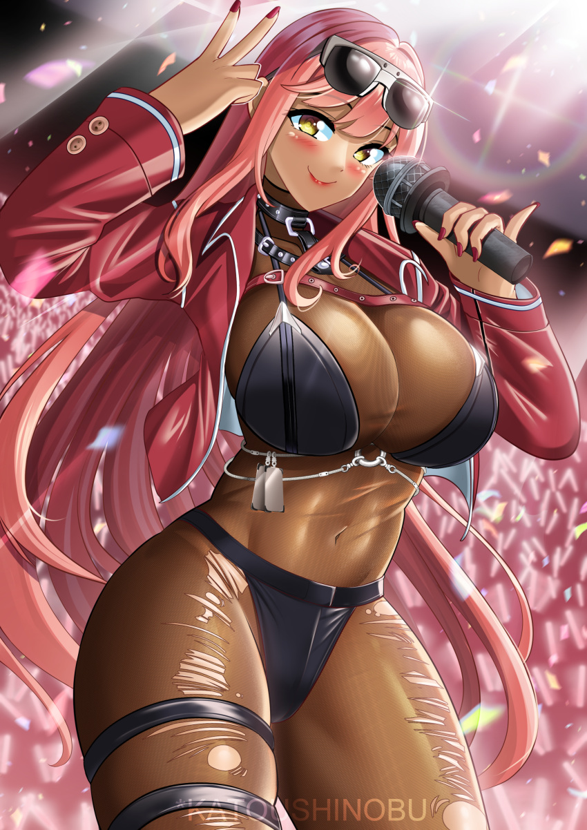 1girl absurdres arm_up artist_name bangs belt bikini bikini_over_clothes black_bikini blush bodystocking breasts chest_belt cleavage closed_mouth confetti covered_collarbone covered_navel cowboy_shot crowd english_commentary eyewear_on_head glint glowstick goddess_of_victory:_nikke highres holding holding_microphone jacket katou_shinobu large_breasts leather leather_jacket long_hair long_sleeves looking_at_viewer making-of_available microphone red_hair red_jacket red_nails sidelocks smile solo_focus stage_lights standing sunglasses swimsuit thigh_belt thigh_strap torn torn_bodystocking torn_clothes v volume_(nikke) yellow_eyes