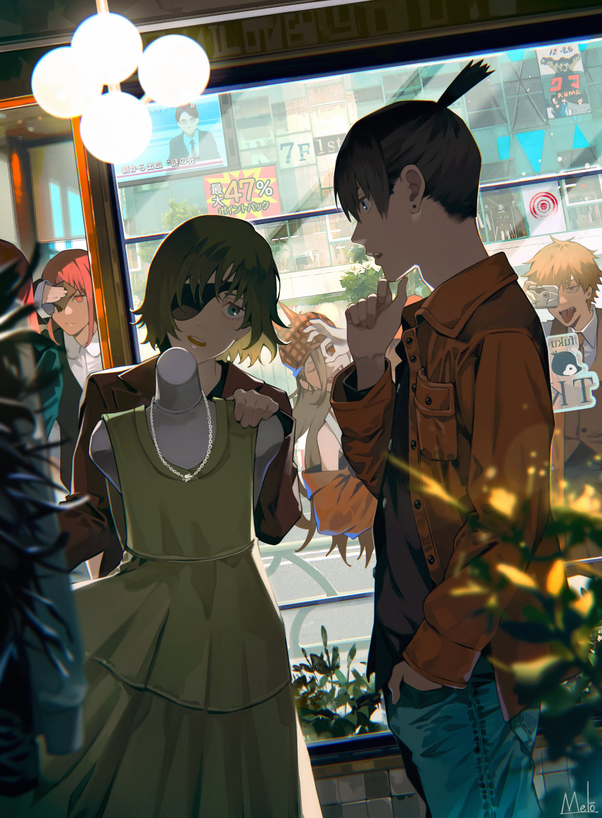 3boys 4girls absurdres bangs black_hair black_shirt blonde_hair blue_eyes brown_jacket brown_necktie camera chainsaw_man coat collared_shirt covering_eyes cross-shaped_pupils deerstalker denji_(chainsaw_man) dress earrings eyepatch fangs finger_to_own_chin green_dress green_eyes hand_in_pocket hand_on_window hat hayakawa_aki highres himeno_(chainsaw_man) holding holding_camera holding_handkerchief jacket jewelry kyuuba_melo looking_at_another makima_(chainsaw_man) medium_hair multiple_boys multiple_girls necklace necktie ok_sign ok_sign_over_eye one_eye_closed plant power_(chainsaw_man) red_eyes red_hair ringed_eyes sharp_teeth shirt shopping short_hair stud_earrings sweater_vest symbol-shaped_pupils target_(store) teeth television tongue tongue_out topknot white_shirt window yonezu_kenshi_(person)