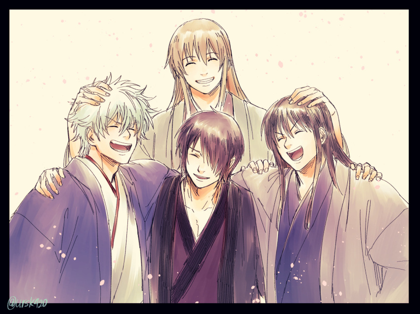 4boys :d ^_^ bangs black_border black_hair border brown_background brown_hair closed_eyes facing_viewer gintama hair_between_eyes hair_over_one_eye hand_on_another's_head highres japanese_clothes katsura_kotarou kimono long_hair long_sleeves multiple_boys open_clothes purple_kimono sakata_gintoki smile takasugi_shinsuke upper_body uraki_(tetsu420) v-shaped_eyebrows white_kimono yoshida_shouyou