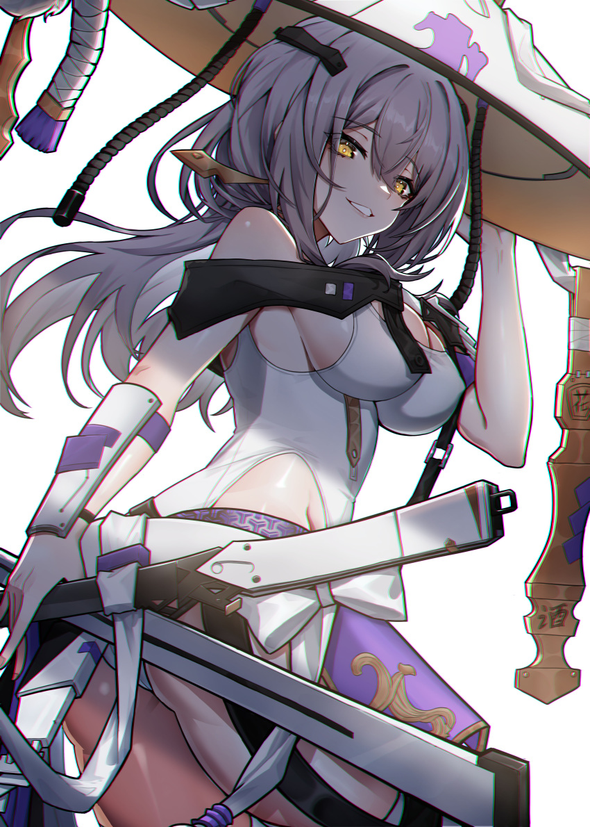 1girl absurdres ass breasts cleavage goddess_of_victory:_nikke grey_hair hair_between_eyes hand_on_headwear hat highres holding holding_sword holding_weapon kongbai_huanxiang large_breasts long_hair looking_at_viewer parted_lips scarlet_(nikke) simple_background smile solo sword thighs weapon white_background yellow_eyes