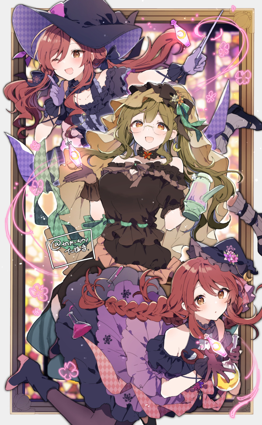 3girls alstroemeria_(idolmaster) bangs bare_shoulders beaker black_pantyhose blush boots braid brown_dress brown_hair collarbone dress finger_to_mouth flask glasses gloves hair_between_eyes hair_ornament hat highres holding holding_wand idolmaster idolmaster_shiny_colors ikeuchi_tanuma index_finger_raised kuwayama_chiyuki long_hair looking_at_viewer mini_hat multiple_girls official_alternate_costume official_alternate_hairstyle one_eye_closed open_mouth osaki_amana osaki_tenka pantyhose potion purple_dress purple_gloves red_hair round-bottom_flask siblings sisters sleeveless sleeveless_dress smile swept_bangs twin_braids twins twintails wand witch_hat yellow_eyes