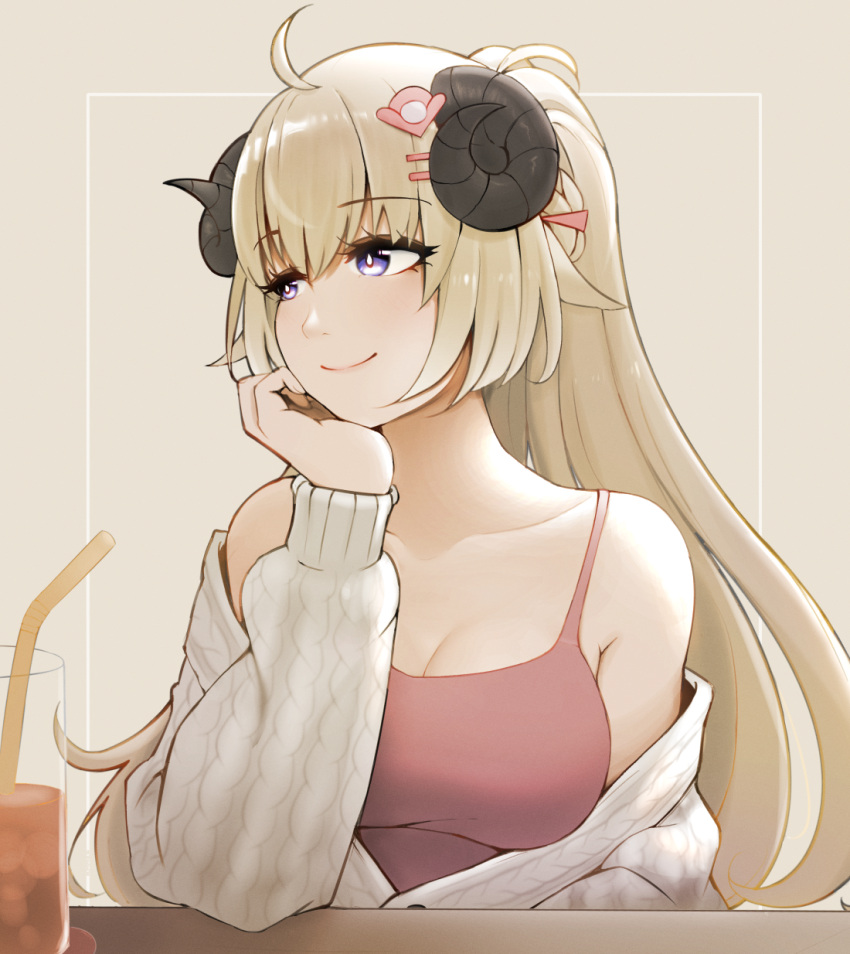 ahoge animal_ears armpit_crease bare_shoulders blonde_hair braid breasts bright_pupils camisole cardigan coaster collarbone cup curled_horns drink drinking_glass drinking_straw elbow_on_table hair_ornament hairclip half_updo hand_on_own_chin highres hololive horns large_breasts long_hair looking_to_the_side m_r_b purple_eyes red_camisole sheep_ears sheep_girl sheep_horns simple_background smile tsunomaki_watame very_long_hair virtual_youtuber white_cardigan white_pupils