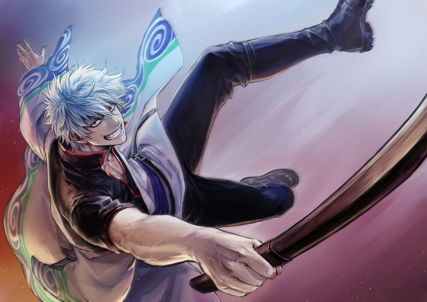 1boy bangs black_footwear black_pants black_shirt bokken boots gintama grey_hair grin hadanugi_dousa hair_between_eyes highres holding holding_sword holding_weapon japanese_clothes kimono long_sleeves looking_at_viewer male_focus pants red_eyes sakata_gintoki shirt short_sleeves sleeves_past_wrists smile solo sword uraki_(tetsu420) weapon white_kimono wide_sleeves wooden_sword