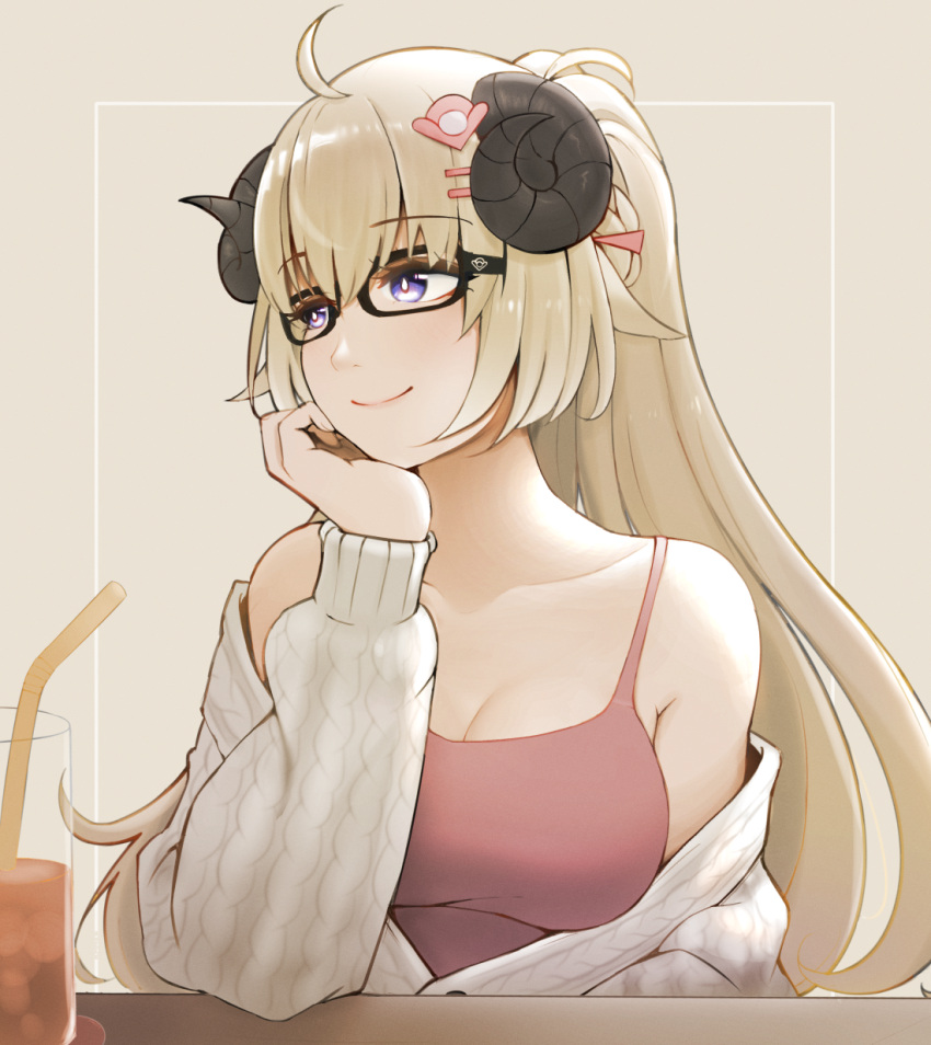 ahoge animal_ears armpit_crease bare_shoulders bespectacled blonde_hair braid breasts bright_pupils camisole cardigan coaster collarbone cup curled_horns drink drinking_glass drinking_straw elbow_on_table glasses hair_ornament hairclip half_updo hand_on_own_chin highres hololive horns large_breasts long_hair looking_to_the_side m_r_b purple_eyes red_camisole sheep_ears sheep_girl sheep_horns simple_background smile tsunomaki_watame very_long_hair virtual_youtuber white_cardigan white_pupils
