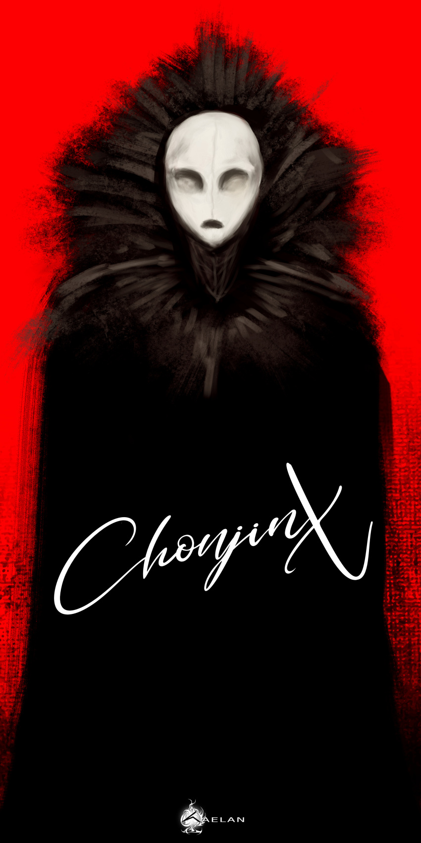 1boy absurdres bestial_choujin black_coat choujin_x coat copyright_name dark feather_collar highres hollow_eyes kartikeya_raut kurohara_tokio_(choujin_x) no_eyes red_background simple_background solo