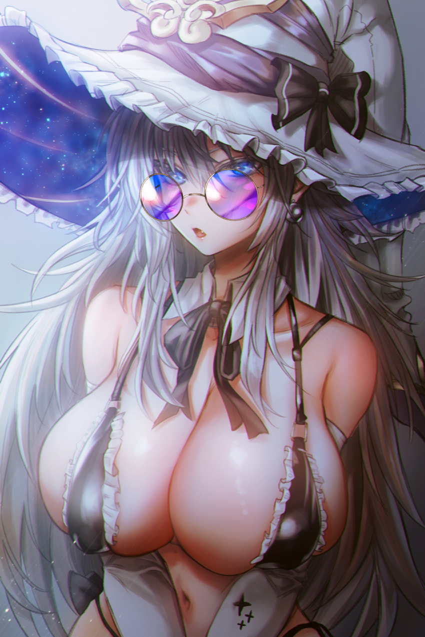 1girl absurdres bikini blue_eyes breasts cleavage detached_collar earrings elbow_gloves gloves hat highres huge_breasts jewelry long_hair micro_bikini nompang original revealing_clothes round_eyewear sidelocks solo sunglasses swimsuit very_long_hair white_gloves white_hair white_headwear witch_hat