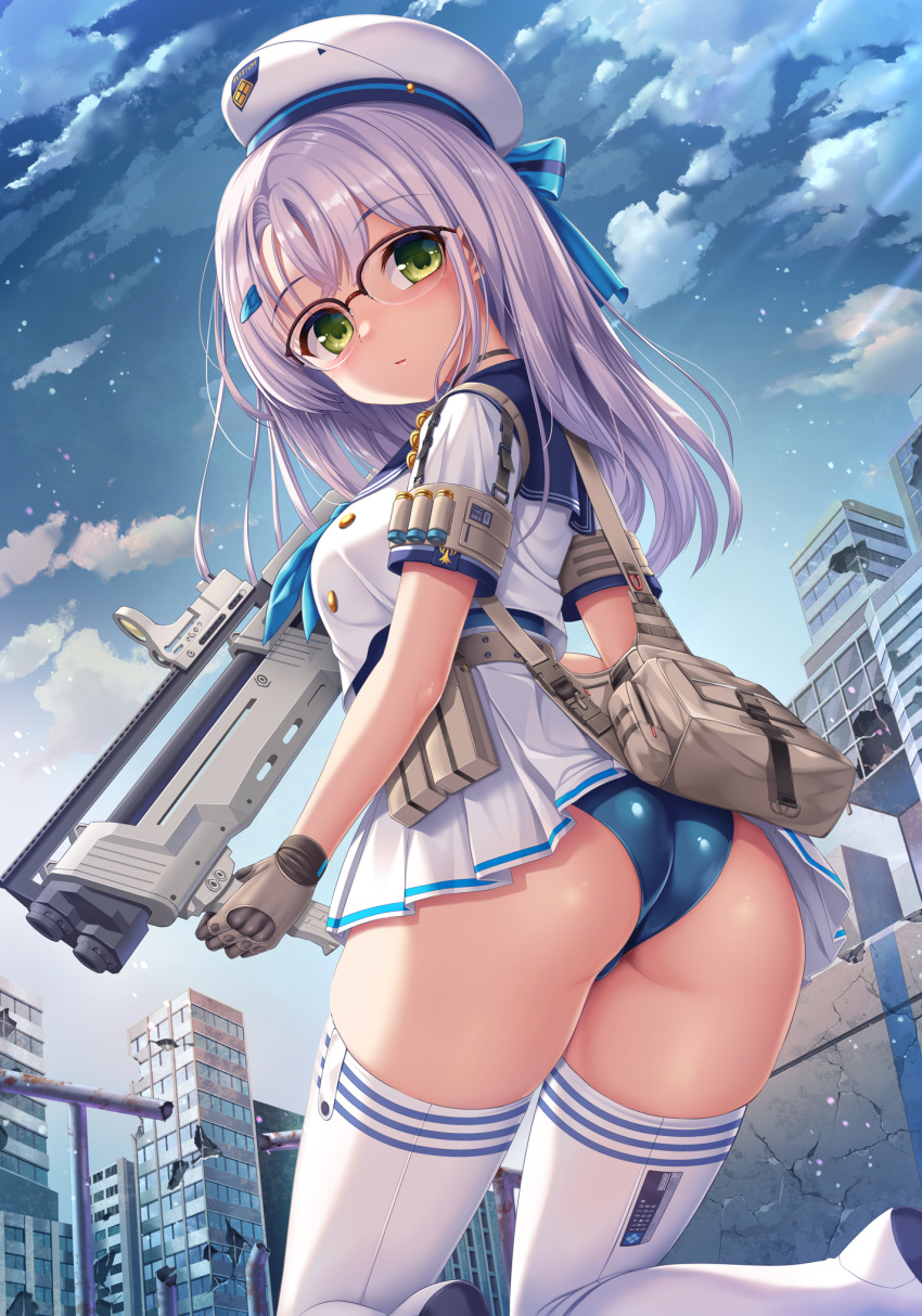1girl ass bag beret blue_neckerchief blue_panties blue_sailor_collar blue_sky boots breasts brown_gloves building closed_mouth cloud commentary_request day dress from_behind gloves goddess_of_victory:_nikke green_eyes grey_hair gun hat highres holding holding_gun holding_weapon kneeling long_hair looking_at_viewer looking_back medium_breasts neckerchief neon_(nikke) outdoors panties pleated_dress ruins sailor_collar short_sleeves sky solo thigh_boots umitonakai underwear weapon white_dress white_footwear white_headwear window