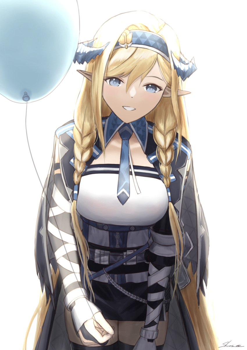 1girl absurdres arknights balloon bangs belt black_skirt blonde_hair blue_eyes blue_hairband blue_necktie braid commentary_request cowboy_shot grin hair_between_eyes hairband highres holding holding_balloon horns long_hair looking_at_viewer necktie pencil_skirt pointy_ears saileach_(arknights) shirata98 shirt simple_background skirt smile solo standing twin_braids very_long_hair white_background white_shirt