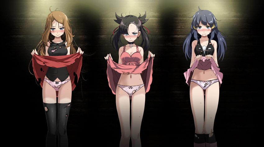 3girls bare_legs black_hair black_thighhighs blue_eyes blue_hair blush breasts brown_hair clothes_lift crying crying_with_eyes_open dawn_(pokemon) dress dress_lift green_eyes highres lifted_by_self long_hair looking_at_viewer marnie_(pokemon) medium_breasts messy_hair multiple_girls panties pink_dress pink_panties pink_skirt pokemon pokemon_(anime) red_skirt serena_(pokemon) skirt skirt_lift tears thighhighs torn_clothes torn_dress torn_panties torn_skirt torn_thighhighs tsukishiro_saika underwear white_panties