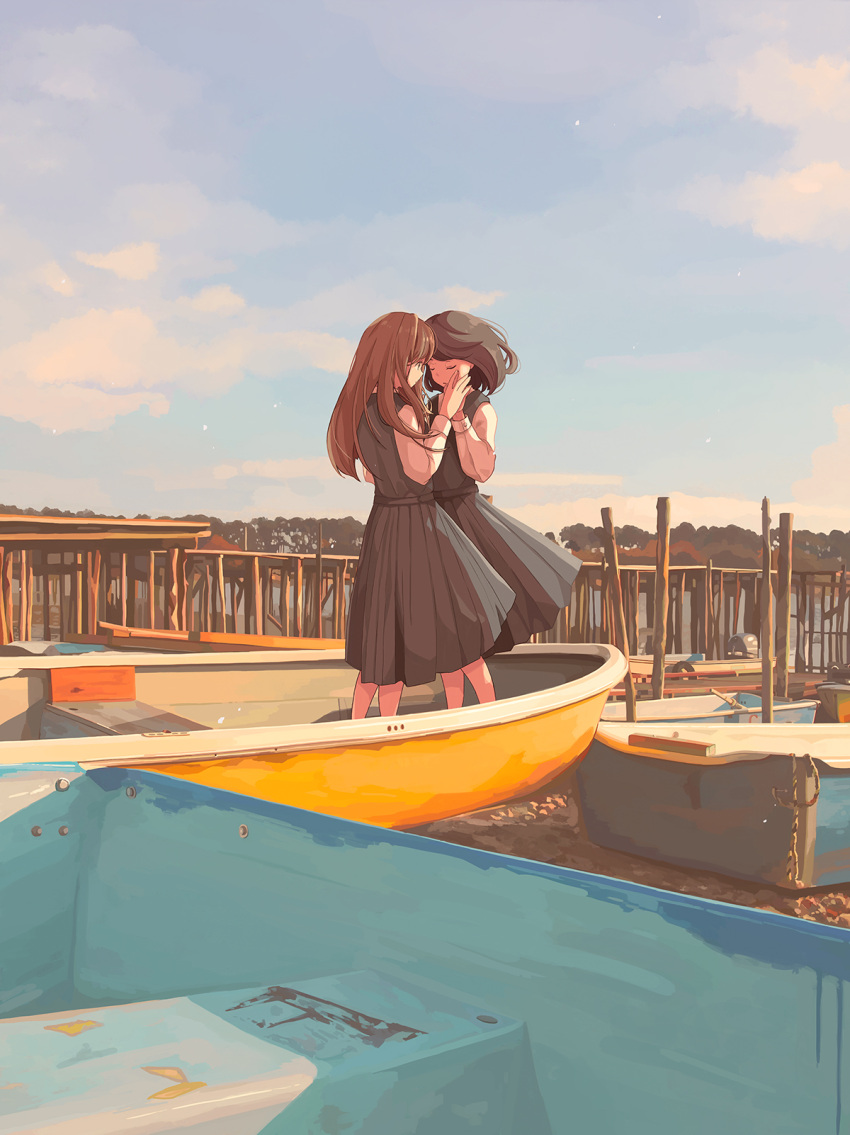 2girls 456 black_hair black_skirt black_vest boat brown_hair closed_eyes cloud highres long_hair medium_hair multiple_girls original outdoors pier pleated_skirt scenery school_uniform shirt skirt sunlight tree vest watercraft white_shirt yuri