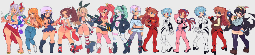 6+girls aged_up ankle_boots ass ayanami_rei bikini bikini_top_only black_bikini black_leotard bodysuit boots breasts burger clothes_lift collage crossover cyberpunk_(series) cyberpunk_edgerunners denim dress english_commentary evangelion:_3.0+1.0_thrice_upon_a_time extra_mouth eyepatch filia_(skullgirls) food from_behind full_body g-string glasses high_heel_boots high_heels highres hip_vent jacket jeans kantai_collection large_breasts leotard letterman_jacket lifted_by_self living_hair long_hair looking_at_viewer looking_back lowleg lowleg_shorts lucy_(cyberpunk) makinami_mari_illustrious medium_breasts multiple_crossover multiple_girls nami_(one_piece) neon_genesis_evangelion nico_robin no_pants one_piece orange_hair pale_skin pants pilot_suit pink_bodysuit pink_thighhighs plugsuit ponytail popsicle rebecca_(cyberpunk) rebuild_of_evangelion red-framed_eyewear red_bodysuit red_skirt revealing_clothes samson_(skullgirls) school_uniform shimakaze_(kancolle) shiranui_mai short_dress short_hair shorts sideboob skin_tight skirt skirt_lift skullgirls slammo small_breasts souryuu_asuka_langley swimsuit tengen_toppa_gurren_lagann the_king_of_fighters thighhighs thong torn_clothes torn_thighhighs twintails upskirt white_bodysuit wide_image yamato_(one_piece) yoko_littner zettai_ryouiki