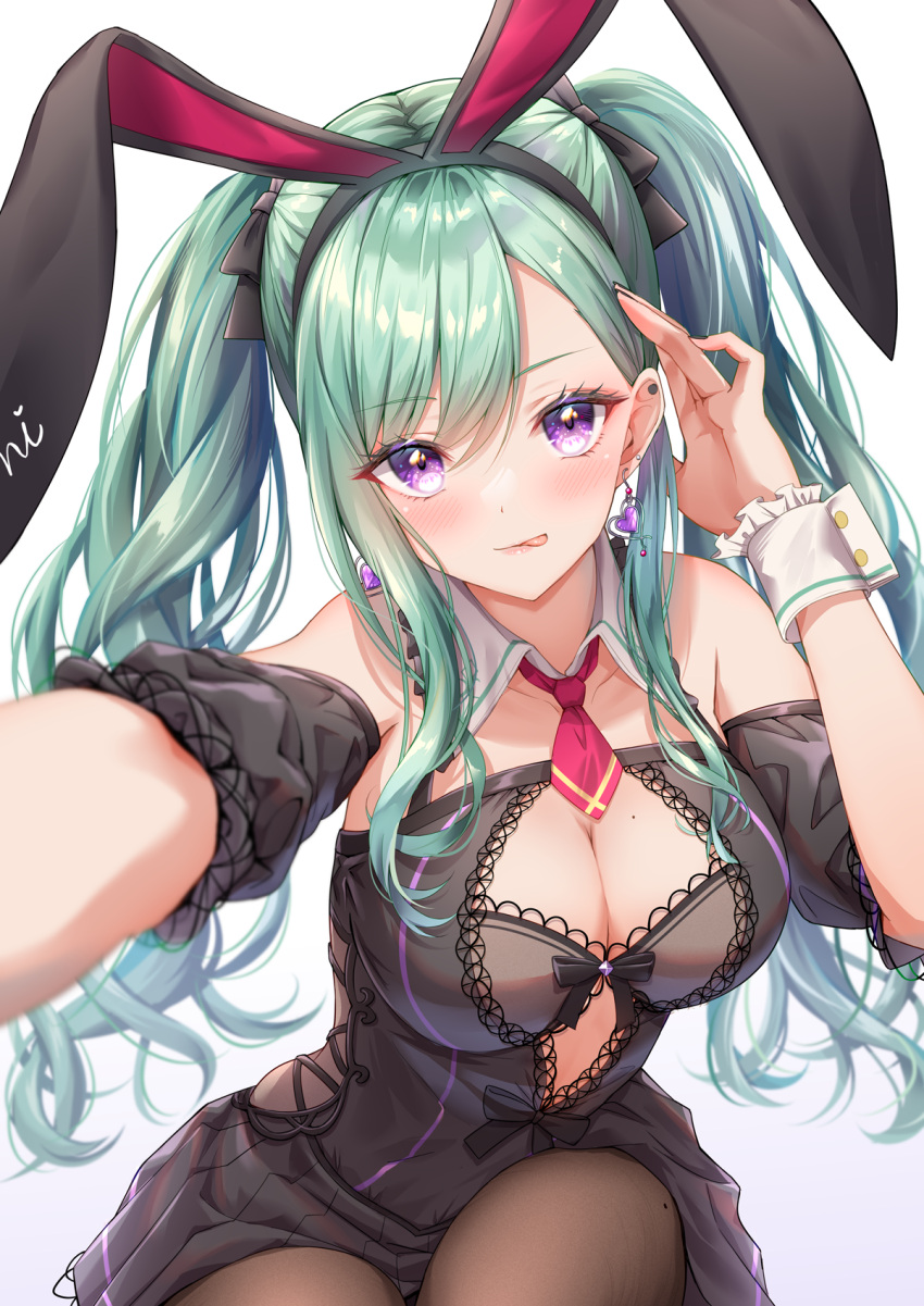 1girl :q adjusting_hair animal_ears bare_shoulders black_bra black_shirt black_skirt bra breasts brown_pantyhose cleavage detached_sleeves earrings fake_animal_ears green_hair hairband hand_up highres jewelry lace_trim long_hair looking_at_viewer medium_breasts mole mole_on_breast mole_on_thigh necktie outstretched_arm pantyhose purple_eyes rabbit_ears shirt skirt toki_(toki_ship8) tongue tongue_out twintails underwear virtual_youtuber vspo! wrist_cuffs yakumo_beni