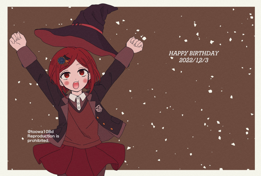 108_(toowa) 1girl arms_up bangs black_headwear black_jacket blush brown_background brown_vest collared_shirt danganronpa_(series) danganronpa_v3:_killing_harmony dated dress_shirt gem hair_ornament happy happy_birthday hat highres jacket looking_up open_clothes open_jacket pleated_skirt red_eyes red_hair red_headwear red_skirt shirt short_hair skirt smile solo vest white_shirt witch_hat yumeno_himiko