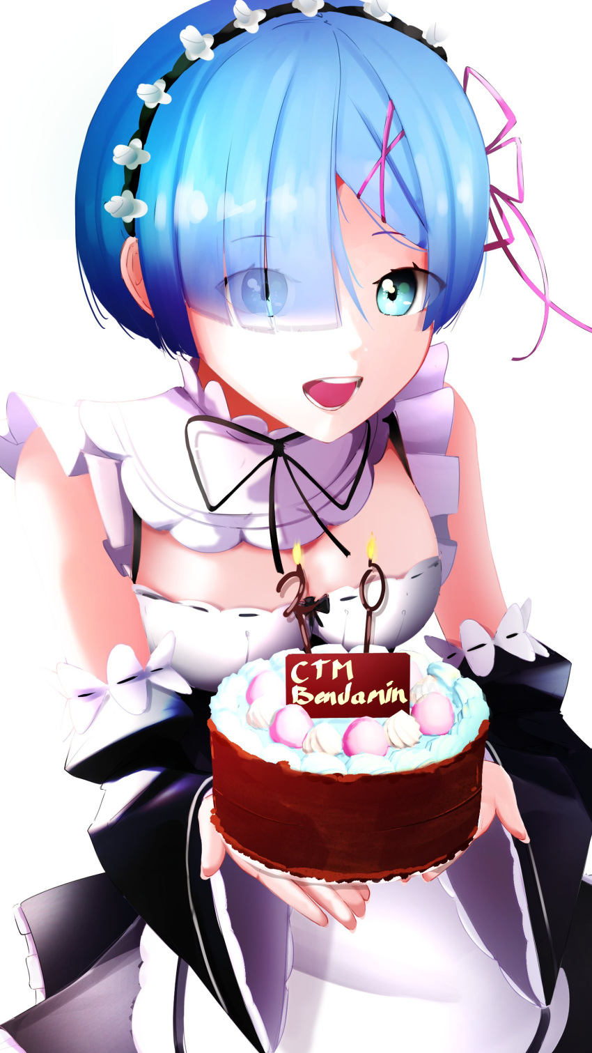 1girl absurdres apron bangs birthday_cake blue_eyes blue_hair breasts cake cleavage english_commentary eyes_visible_through_hair food hair_ornament highres its_just_dr looking_at_viewer maid maid_apron maid_headdress medium_breasts open_mouth re:zero_kara_hajimeru_isekai_seikatsu rem_(re:zero) roswaal_mansion_maid_uniform self_upload short_hair skirt smile solo white_background x_hair_ornament