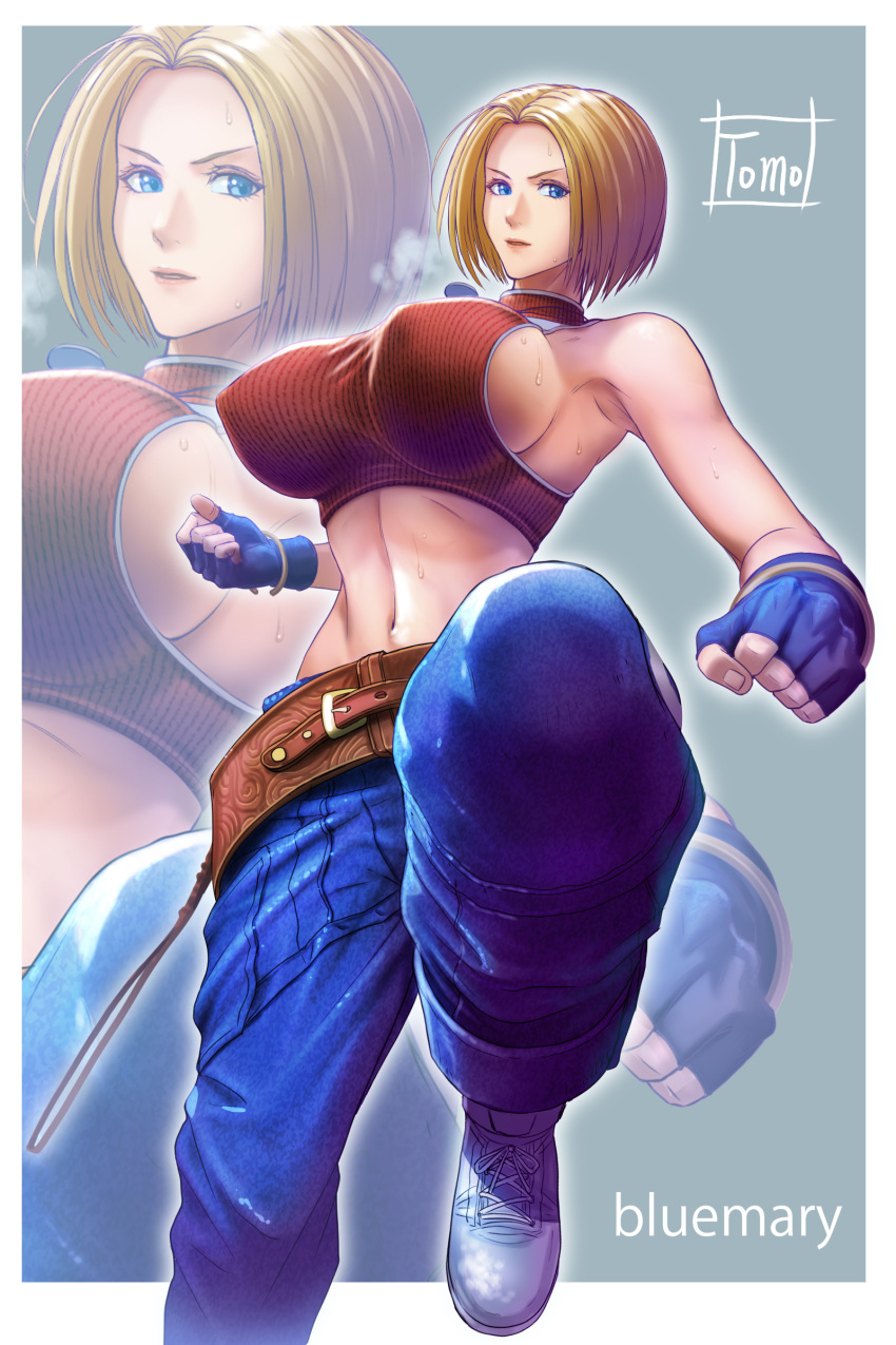 1girl absurdres artist_logo baggy_pants bare_shoulders belt blonde_hair blue_eyes blue_gloves blue_mary breasts character_name clenched_hands covered_nipples crop_top denim fingerless_gloves forehead gloves highres huge_breasts incoming_attack jeans jewelry jumping large_breasts linea_alba looking_at_viewer loose_belt medium_hair midriff muscular muscular_female navel necklace no_bra pants parted_hair red_shirt ribbed_shirt shirt shoes sideboob sleeveless_turtleneck_crop_top sneakers solo straight_hair taut_clothes taut_shirt the_king_of_fighters tomo_eokaiteru turtleneck_crop_top zoom_layer