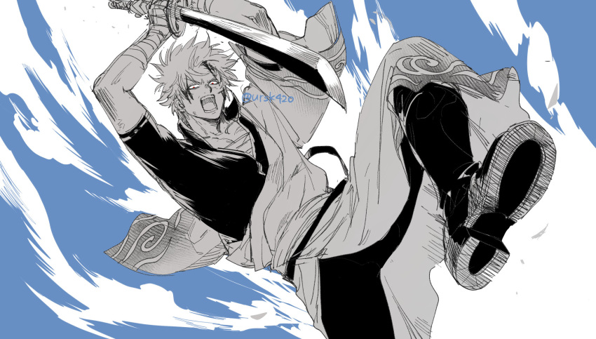 1boy arms_up bandaged_arm bandaged_hand bandages bangs boots gintama hadanugi_dousa highres holding holding_sword holding_weapon japanese_clothes katana kimono looking_at_viewer male_focus monochrome open_mouth pants red_eyes sakata_gintoki shirt shoe_soles short_sleeves solo sword twitter_username uraki_(tetsu420) v-shaped_eyebrows weapon white_background