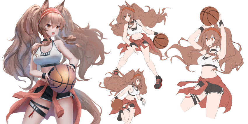 1girl absurdres angelina_(arknights) animal_ears arknights ball bare_legs basketball black_shorts breasts brown_hair clothes_around_waist collar commentary_request dolphin_shorts fang hairband highres holding holding_ball jacket jacket_around_waist large_breasts legs long_hair multiple_views navel official_alternate_costume open_mouth orange_eyes red_jacket running serious shoes shorts simple_background sneakers sports_bra sportswear standing sthk stomach sweat tail thigh_strap throwing twintails unfinished very_long_hair white_background white_sports_bra