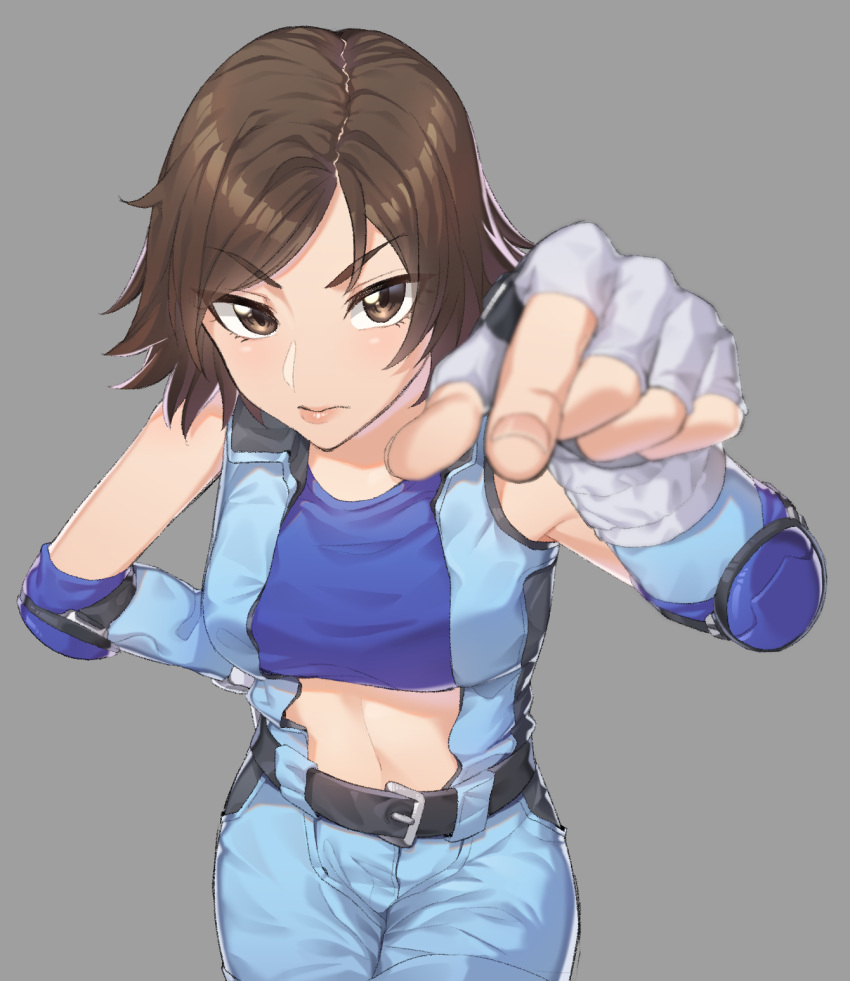 1girl bangs belt blue_gloves blue_jacket blue_tube_top breasts closed_mouth elbow_pads fingerless_gloves foreshortening gloves grey_background highres jacket kam-ja kazama_asuka looking_at_viewer short_hair simple_background sleeveless sleeveless_jacket solo strapless tekken tube_top upper_body