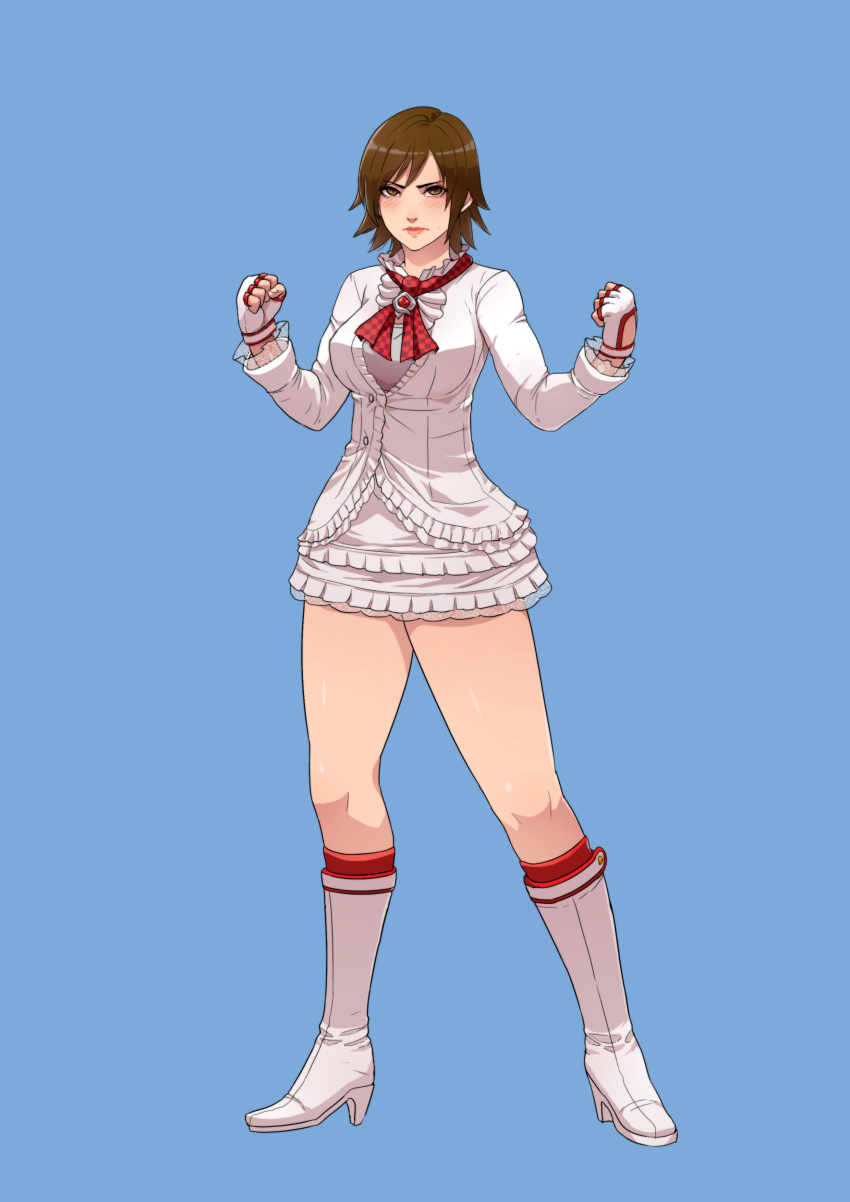 1girl absurdres alternate_costume bangs blue_background boots bow breasts brown_eyes brown_hair cirenk closed_mouth cosplay fingerless_gloves full_body gloves highres jacket kazama_asuka knee_boots lili_(tekken) lili_(tekken)_(cosplay) lips looking_at_viewer neckerchief red_bow red_neckerchief short_hair simple_background skirt solo standing tekken white_footwear white_gloves white_jacket white_skirt