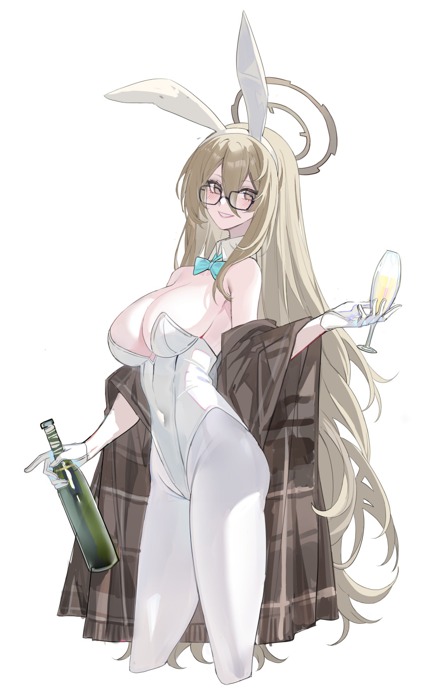 1girl absurdres akane_(blue_archive) akane_(bunny)_(blue_archive) animal_ears bare_shoulders blue_archive blue_bow blue_bowtie bottle bow bowtie breasts brown_eyes brown_shawl champagne_bottle commentary_request covered_navel cup detached_collar echj fake_animal_ears glasses gloves halo highres holding holding_bottle holding_cup huge_breasts leotard light_brown_hair long_hair official_alternate_costume pantyhose plaid_shawl playboy_bunny rabbit_ears shawl solo traditional_bowtie white_gloves white_leotard white_pantyhose