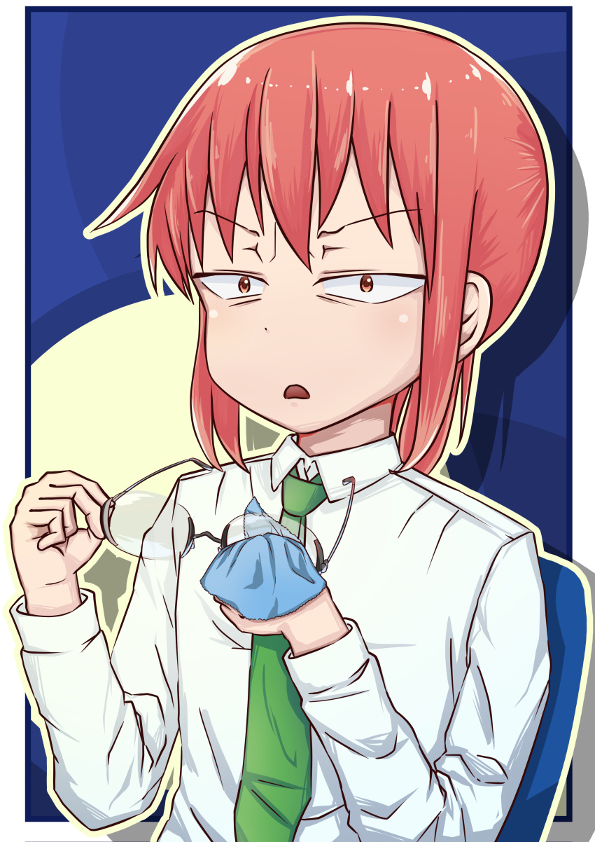 1girl absurdres bangs blue_background border chair cleaning_glasses collared_shirt commentary dress_shirt eyewear_removed furrowed_brow glasses green_necktie half-closed_eyes highres kobayashi-san_chi_no_maidragon kobayashi_(maidragon) long_sleeves looking_at_object necktie on_chair open_mouth outside_border pink_hair rimless_eyewear shirt sitting solo squinting user_grhh2223 white_border white_shirt wide-eyed yellow_eyes