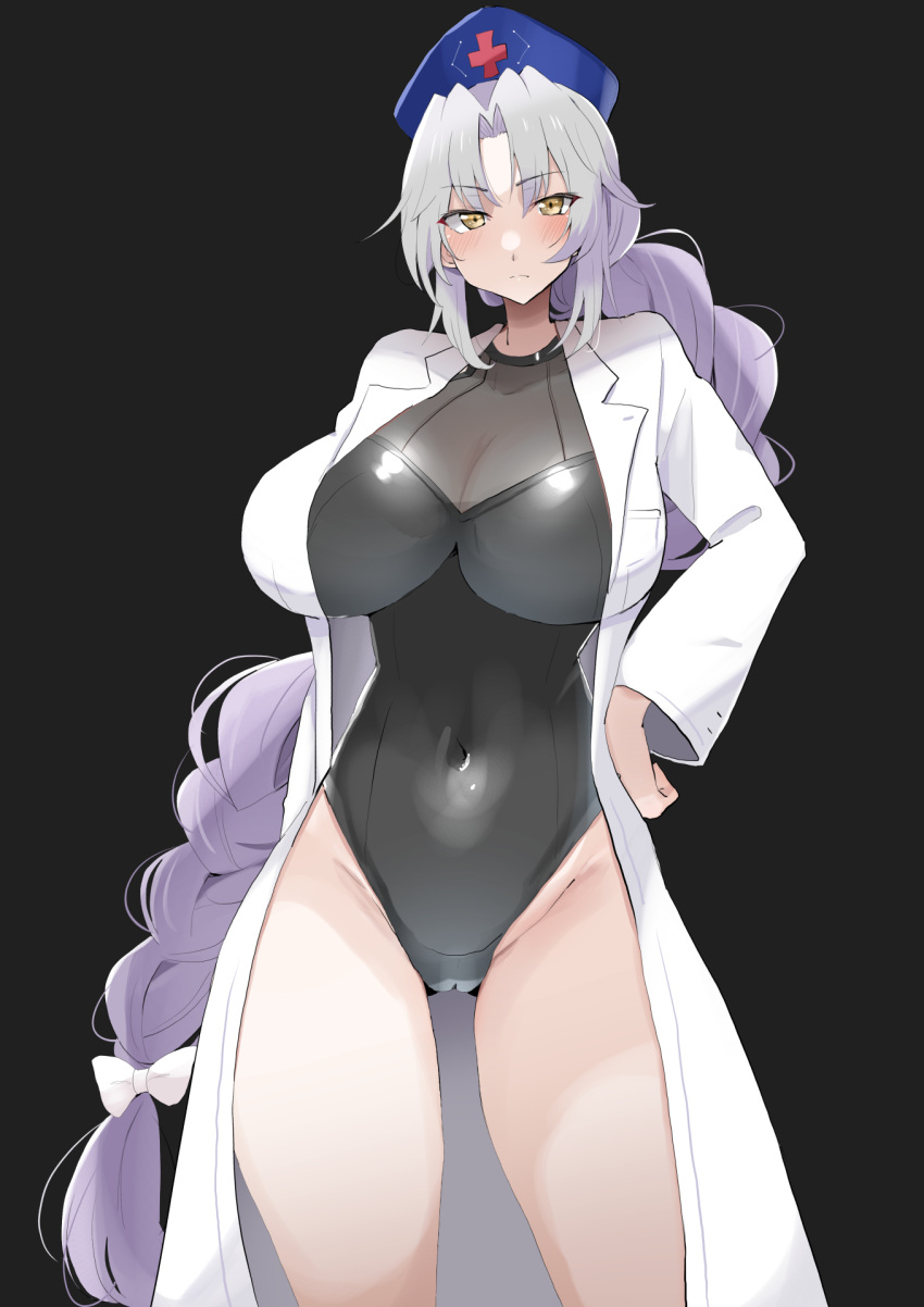 1girl black_background black_one-piece_swimsuit blue_headwear braid braided_ponytail breasts brown_eyes cameltoe cleavage closed_mouth coat covered_navel cross grey_hair groin hand_on_hip hat highres labcoat large_breasts long28 long_hair looking_at_viewer nurse_cap one-piece_swimsuit open_clothes open_coat red_cross simple_background single_braid solo swimsuit touhou trigram very_long_hair white_coat yagokoro_eirin