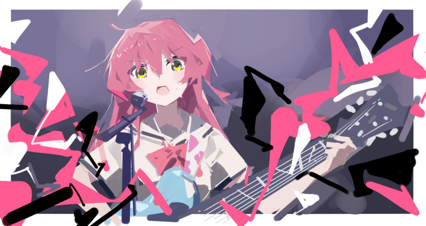 1girl bangs bocchi_the_rock! bow green_eyes guitar hair_between_eyes highres instrument kita_ikuyo long_hair music one_side_up open_mouth playing_instrument red_bow red_hair sailor_collar school_uniform shinnasuka025 shirt solo white_sailor_collar