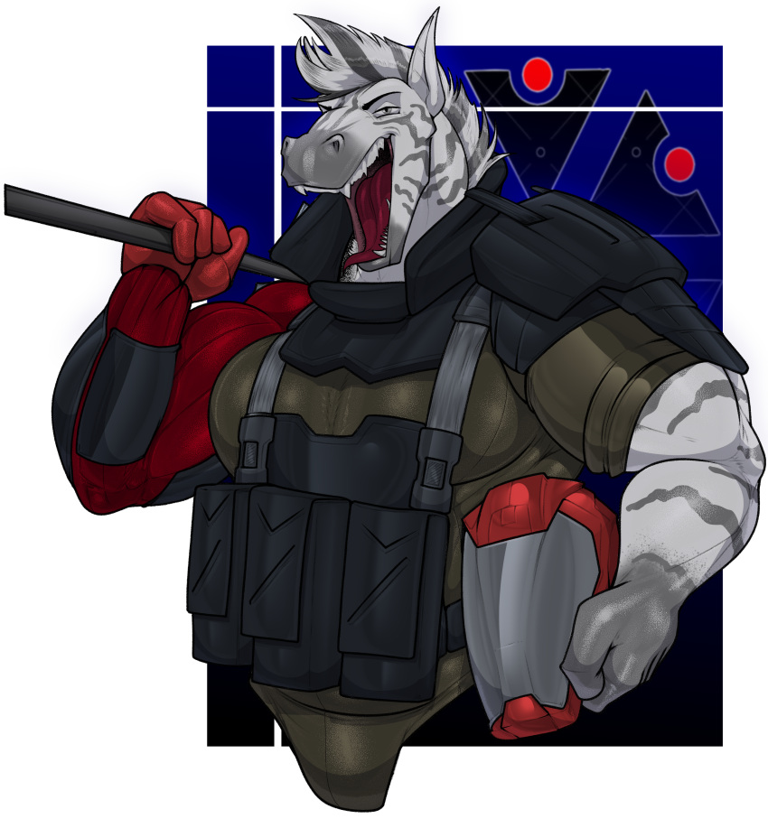 absurd_res anthro armor equid equine headgear helmet hezio_copper hi_res holding_armor holding_headgear holding_helmet holding_object holding_weapon male mammal muscular muscular_anthro nolollygagging plate_armor robotic_arm solo unhinged_jaw weapon zebra