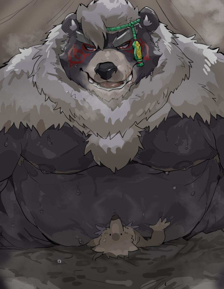 2022 anthro belly big_belly bodily_fluids canid canine duo hi_res iwbsb_kuma kemono lifewonders male mammal moobs nipples obese obese_male overweight overweight_male size_difference sweat tokyo_afterschool_summoners ursid video_games wen_kamui_(tas)