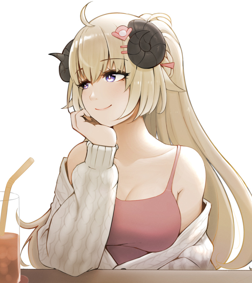 ahoge animal_ears armpit_crease bare_shoulders blonde_hair braid breasts bright_pupils camisole cardigan coaster collarbone cup curled_horns drink drinking_glass drinking_straw elbow_on_table hair_ornament hairclip half_updo hand_on_own_chin highres hololive horns large_breasts long_hair looking_to_the_side m_r_b purple_eyes red_camisole sheep_ears sheep_girl sheep_horns simple_background smile tsunomaki_watame very_long_hair virtual_youtuber white_background white_cardigan white_pupils