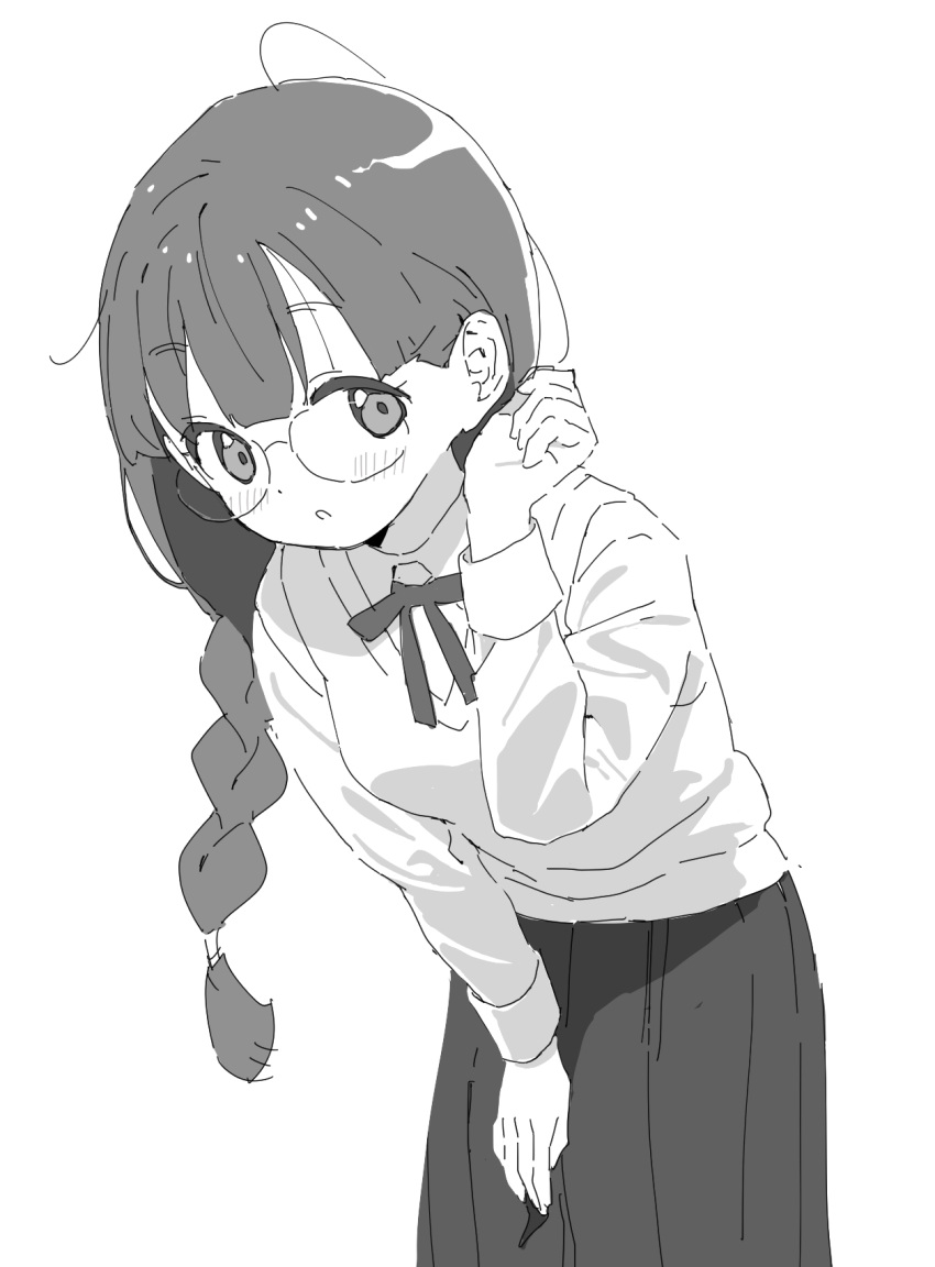 1girl :o adjusting_hair bangs blunt_bangs blush braid clenched_hand do_it_yourself!! dot_nose feet_out_of_frame glasses greyscale hair_behind_ear hair_tucking hand_on_own_knee hand_up highres hikage_takumi leaning_forward long_hair long_sleeves looking_at_viewer looking_to_the_side monochrome neck_ribbon oda_ya_ka parted_lips pleated_skirt ribbon round_eyewear school_uniform semi-rimless_eyewear side_braid simple_background single_braid skirt solo standing sweater_vest tareme under-rim_eyewear white_background