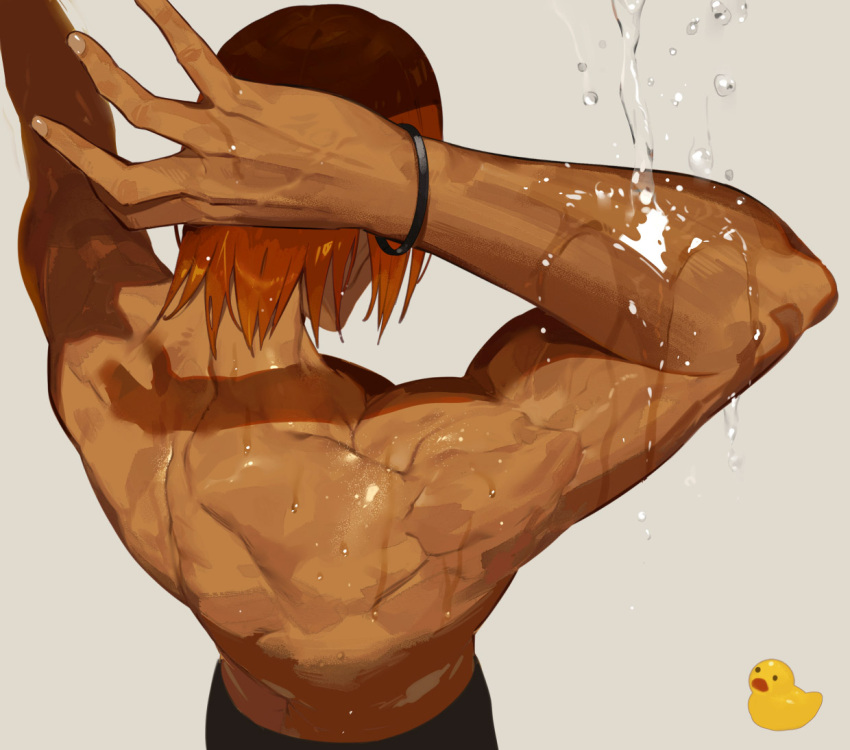 1boy ashwatthama_(fate) back bird bracelet commentary_request dark-skinned_male dark_skin duck fate/grand_order fate_(series) grey_background jewelry male_focus muscular muscular_male no_shirt red_hair rubber_duck semi_(p-poco) shadow short_hair simple_background solo topless_male upper_body water