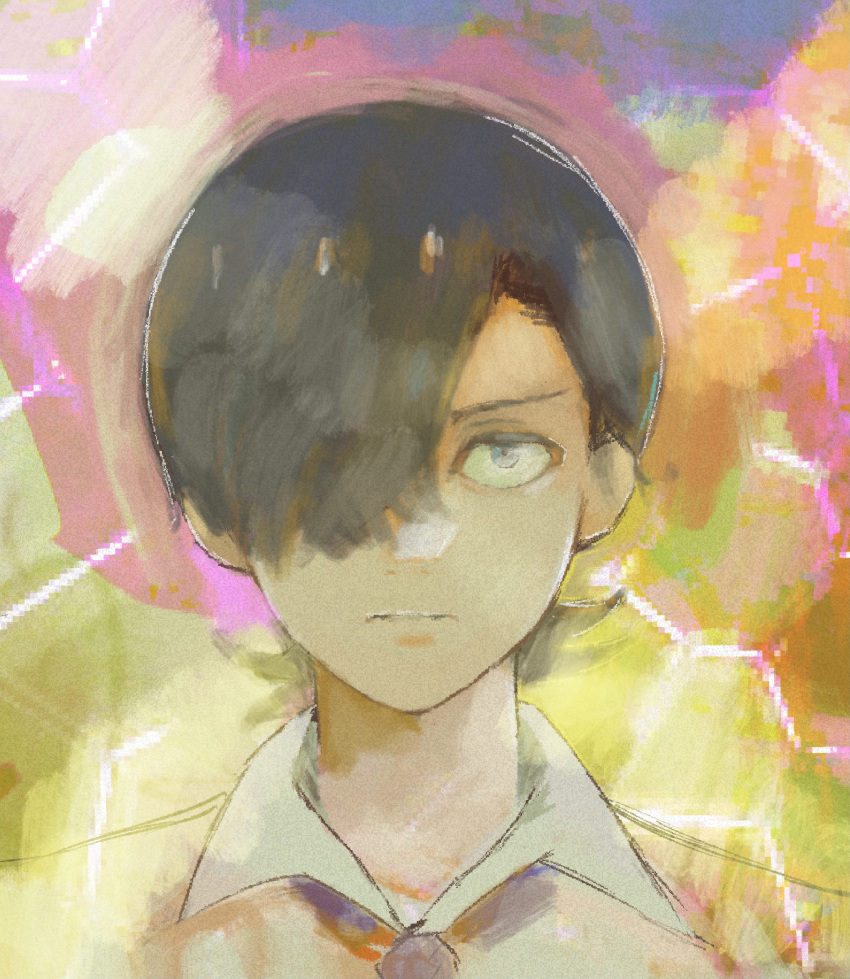 1boy bing_wang black_hair blue_eyes choujin_x collared_shirt colorful hair_over_one_eye highres kurohara_tokio_(choujin_x) looking_at_viewer necktie shirt short_hair solo white_shirt